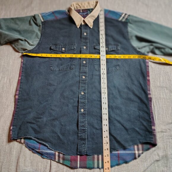 Vintage Wrangler Shirt Mens Long Tail Western Pearl Snap Brushpopper Patchwork - Picture 4 of 13